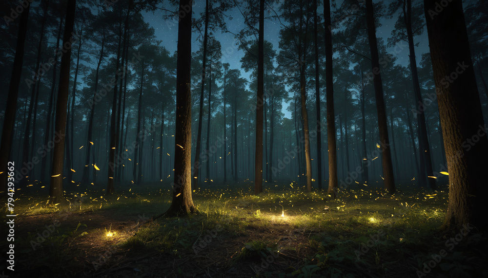 Fototapeta premium Enchanted Forest with Fireflies at Night