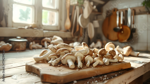 Sunlit rustic kitchen with fresh, whole mushrooms scattered on a wooden cutting board, ready for cooking. 