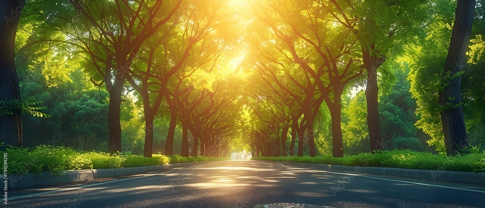 Urban greening efforts symbolized by green trees arching over city street and filtering sunlight. Concept Green Infrastructure, Urban Sprawl, Sustainable Development, City Beautification, Tree Canopy