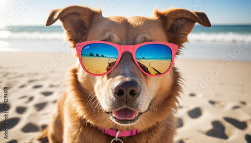 Dog with Red Sunglasses at the Beach © Santiago