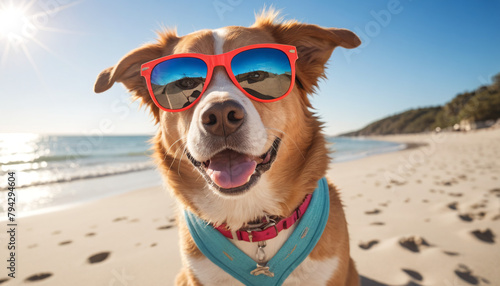 Dog with Red Sunglasses at the Beach © Santiago