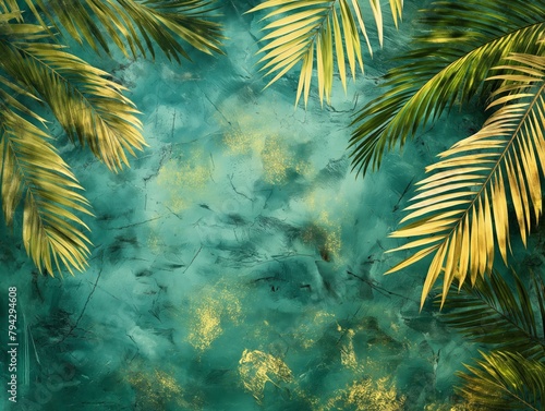 A painting of a palm tree with a green background. The palm tree is the main focus of the painting  and it is surrounded by a blue and gold background. The painting has a tropical