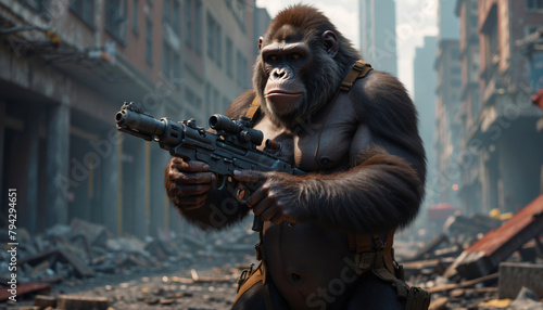 A monkey with a submachine gun in his hands