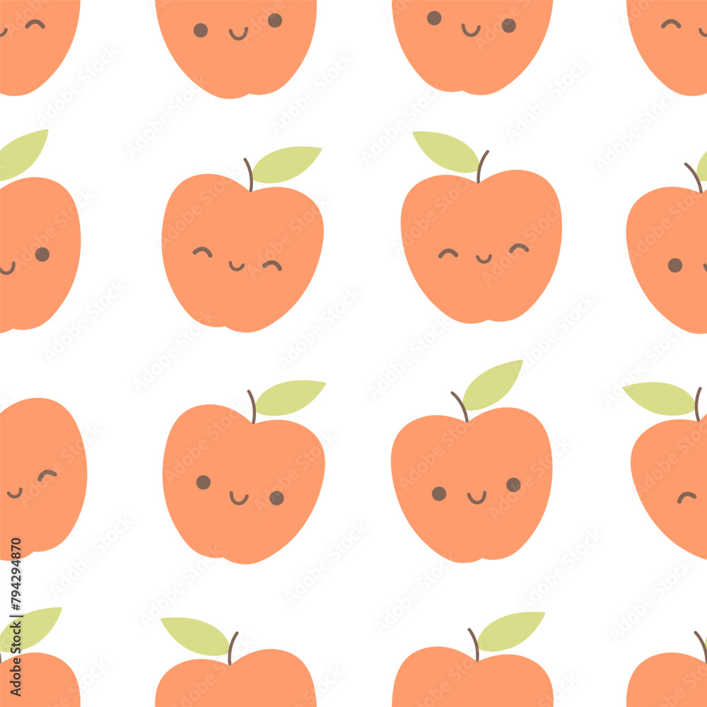 Seamless pattern with cute cartoon apple characters. Fruit seamless pattern. Vector illustration in flat style Seamless pattern with cute cartoon apple characters. Fruit seamless pattern. Vector illustration in flat style