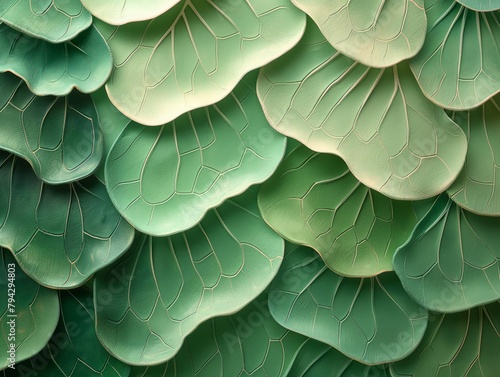 A close up of green leaves with a pattern of veins. The leaves are arranged in a way that creates a sense of depth and texture, making the image appear more lifelike