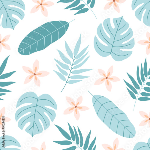 Seamless pattern with tropical leaves and flowers. Summertime, tropical place. Vector illustration in flat style