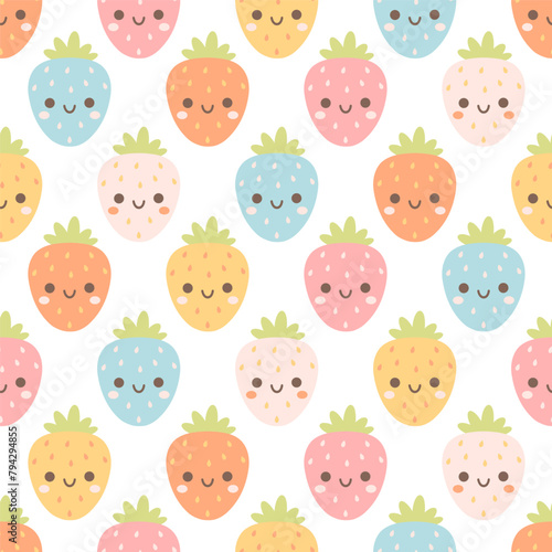 Seamless pattern with cute cartoon strawberry characters. Fruit seamless pattern. Vector illustration in flat style