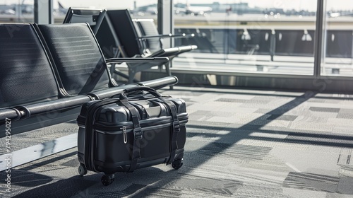 carry-on baggage at the airport, portrayed in a lifestyle photography style, resting effortlessly, showcasing its convenient, versatile, and minimalistic design in a high key setting.