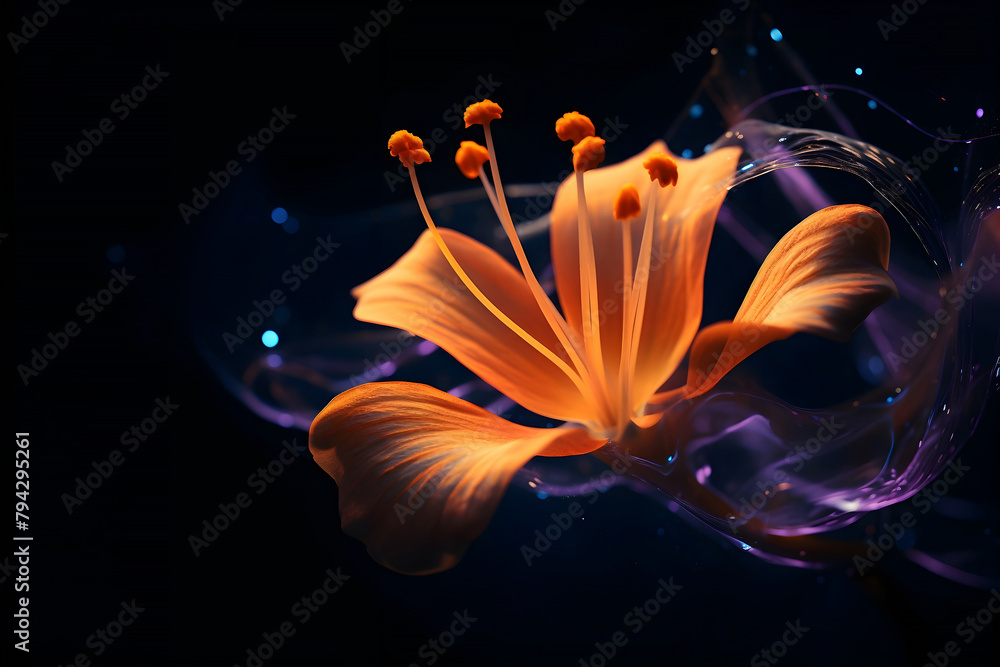 Detailed close-up of a vibrant flower set against a dark black background. - obrazy, fototapety, plakaty 