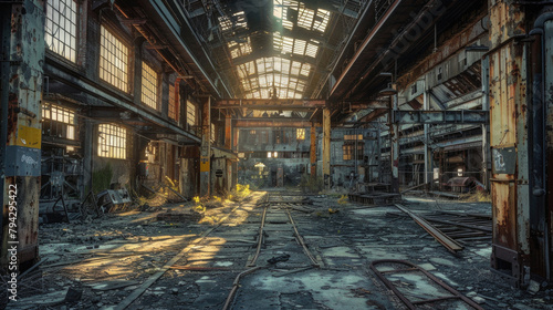 A large, abandoned industrial building with broken windows and rusted metal
