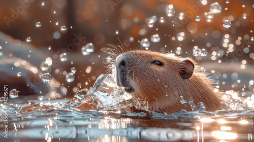   A tight shot of a rodent submerged in water, beaded drops clinging to its furred visage photo