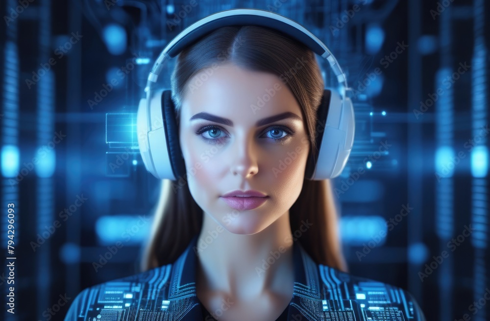Close-up. Young woman with information technology in her head. On the head are headphones with a projection of codes Close-up. Young woman with information technology in her head. On the head are headphones with a projection of codes