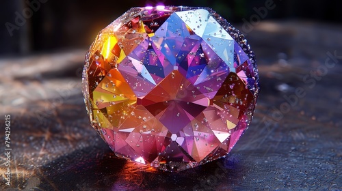  A multicolored diamond rests atop a metallic surface, specked with water droplets at its peak