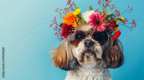 Shih Tzu dog wearing sunglasses and a floral crown against a blue background