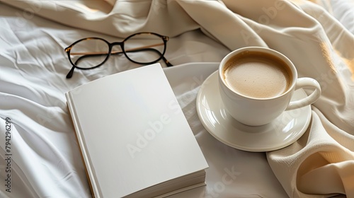 a white book mockup, accompanied by a steaming cup of coffee and a pair of glasses resting on a rumpled bed. photo
