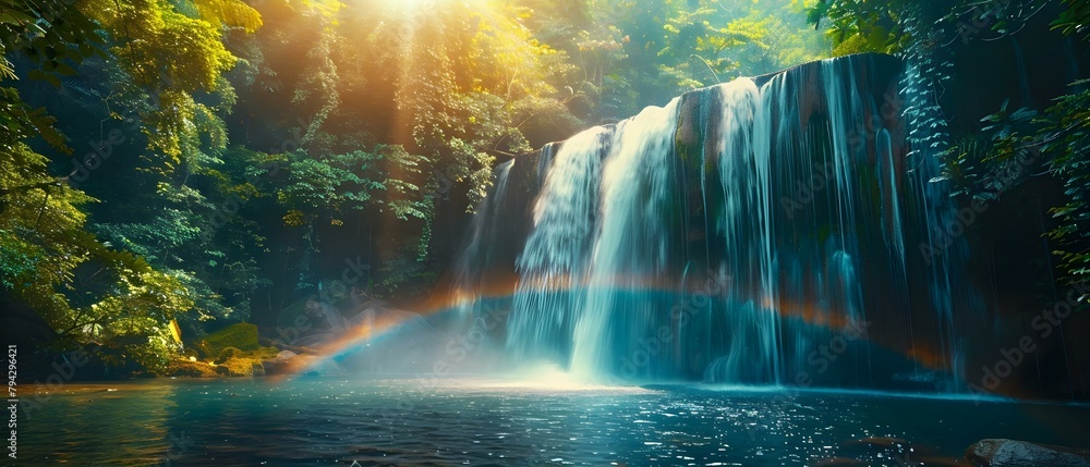 Serene Waterfall in Lush Rainforest with Rainbow and Calming Sounds. Concept Waterfalls, Rainforest, Nature, Serenity, Relaxation