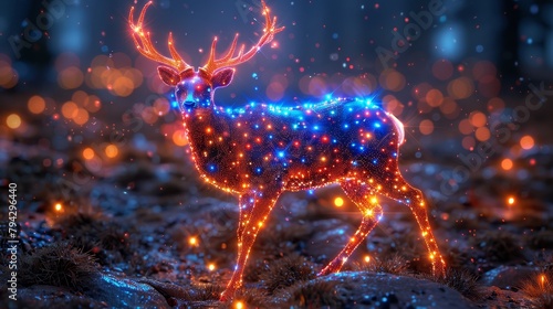  A lit deer atop a grassy field, adjacent to a forest radiating numerous bright lights
