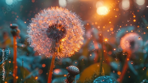   A tight shot of a dandelion amidst a sea of grass  sun illuminating its leaves