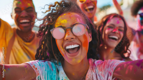 An energetic photo of multiracial friends participating in a color run, covered in vibrant powders and laughing as they cross the finish line together, Multiracial, People