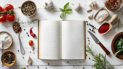 an open recipe book surrounded by an array of different ingredients on a pristine white wooden table, leaving ample space for text.