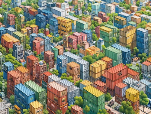 A colorful cityscape with many different colored buildings. The buildings are all different sizes and shapes, and they are all lined up in a row. The sky is blue and there are trees in the background