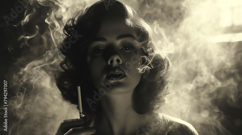 Black and white photography of woman smoking a cigarette in an atmosphere thick with swirling smokes jazz clubs of the 1930s. Nostalgia and retro style concept.