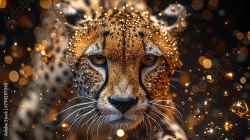  Close-up of a Cheetah's Face against jet black backdrop, encircled by golden sparks