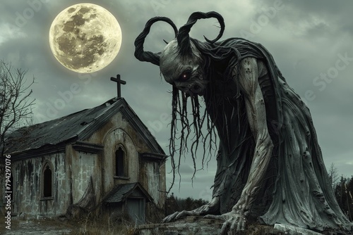 An eerie sight unfolded beneath the full moon as a demon with a bloated belly and sharp horns loomed over the deserted church in shadow.