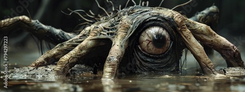 A sinister presence, the demon's colossal eye glared from its chest, concealed in the shadows of the swamp's murky waters.