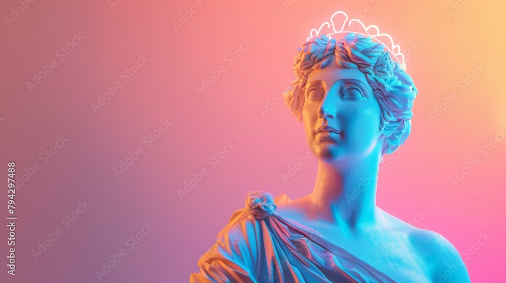 Colorful lighting on classical statue with a crown Colorful lighting on classical statue with a crown