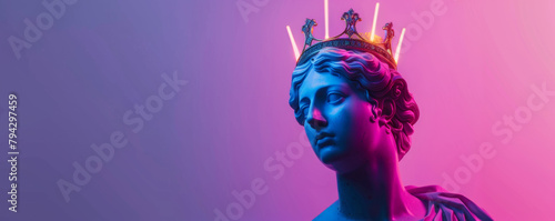 Neon-lit classical bust with a golden crown photo