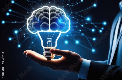 Close-up. Innovation, new idea, hands of a businessman holding a light bulb and a brain with the development of digital technology data network
