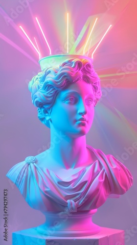 Neon lighted classical bust statue with a crown © NK