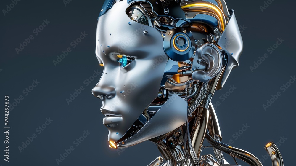 Side perspective of a humanoid AI head, showcasing blue and yellow eyes with a dynamic neon neural network Side perspective of a humanoid AI head, showcasing blue and yellow eyes with a dynamic neon neural network