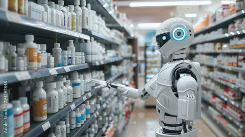 A bot with artificial intelligence prepares medicines in a pharmacy