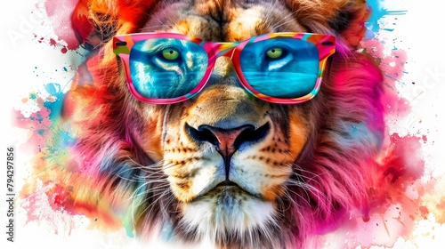 Stylish cartoon lion sporting sunglasses, portrayed in rich colors on a clean white background