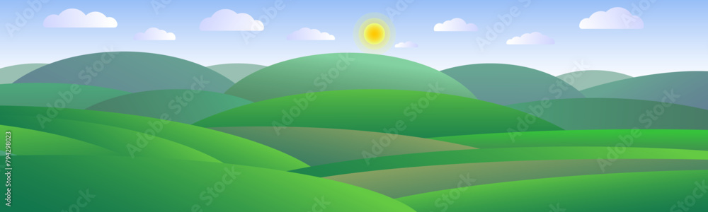 Mountain vector landscape. Blue sky, white clouds, green hills. Minimalism. Vector