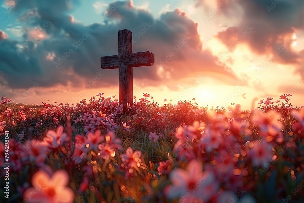 A Majestic Cross Amidst Blooming Flowers Under the Golden Autumn Sunrise, Symbolizing Hope, Faith, A Majestic Cross Amidst Blooming Flowers Under the Golden Autumn Sunrise, Symbolizing Hope, Faith,