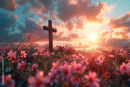 A Majestic Cross Amidst Blooming Flowers Under the Golden Autumn Sunrise, Symbolizing Hope, Faith,