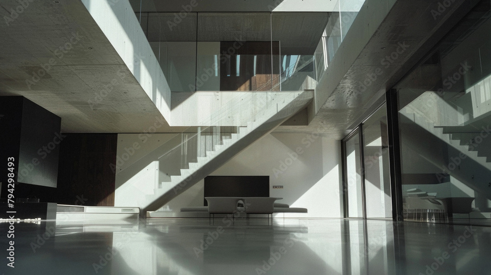 Obraz premium A large open space with a staircase and a couch