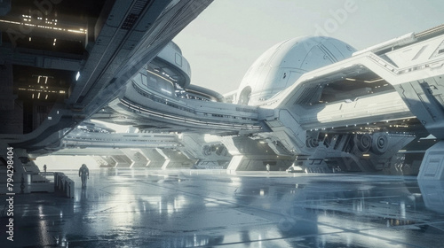 A futuristic space station with a man walking on the ground