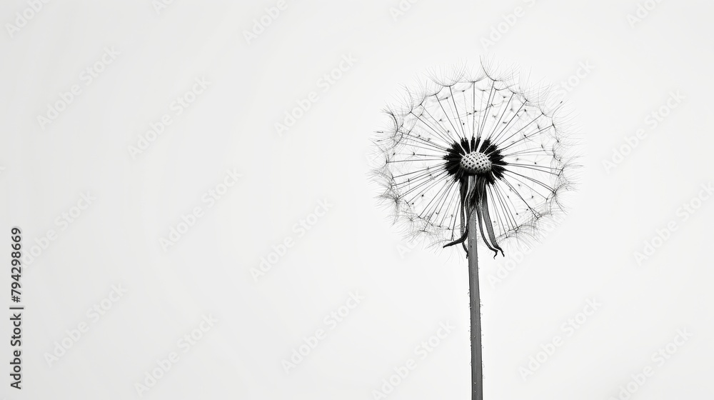 Black and white image of a dandelion seed head