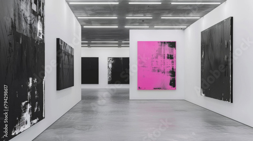 A curated exhibit of black and white abstract paintings with a single neon pink canvas hanging on the far wall. . . photo