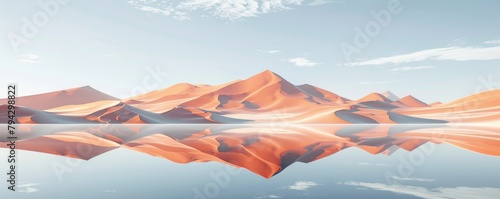 Orange sand dunes reflected in calm water under a blue sky