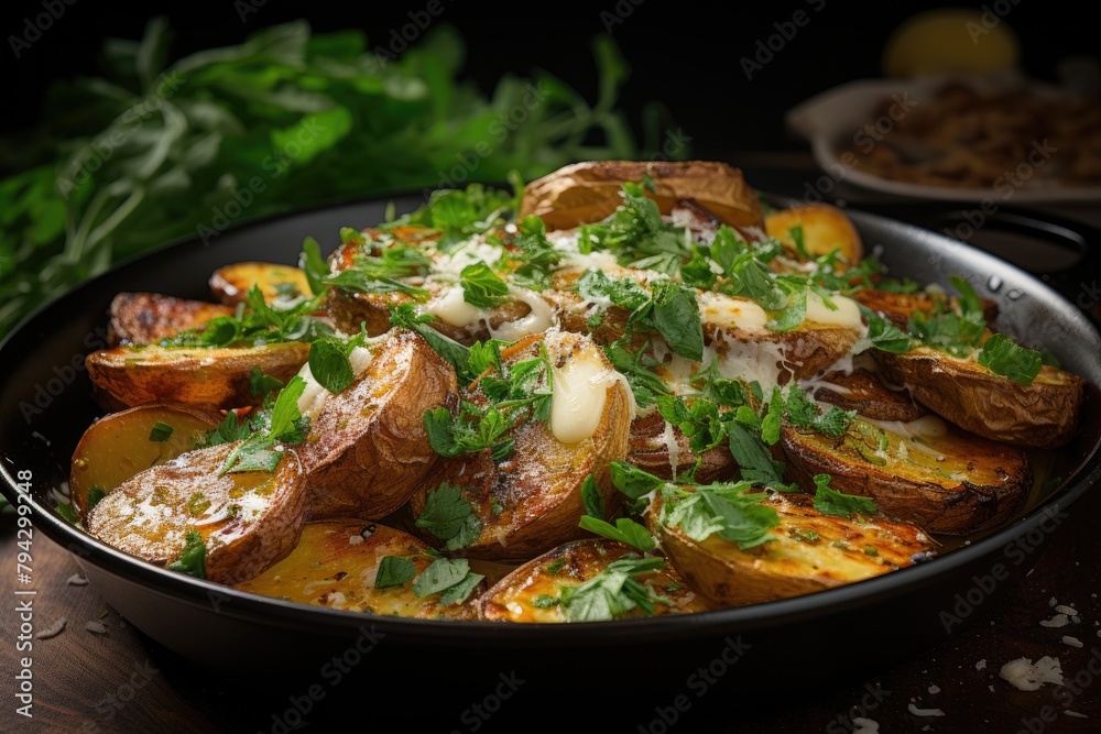 Mountain of potatoes with melted cheese and herbs., generative IA