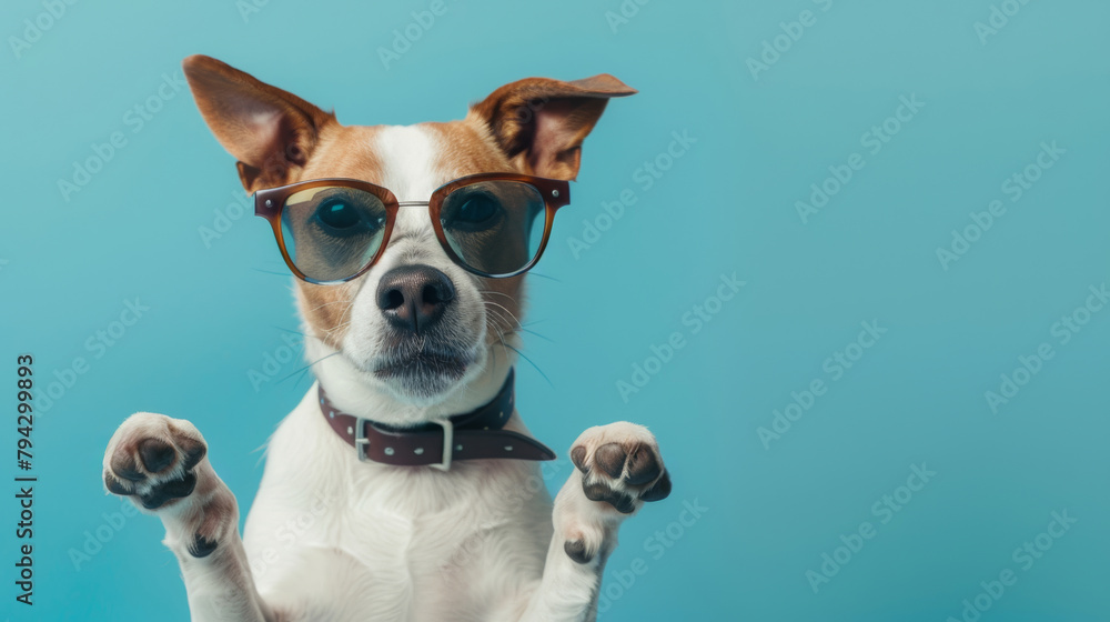 Dog in sunglasses with paws up