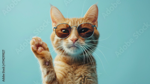 Orange cat wearing sunglasses raising its paw