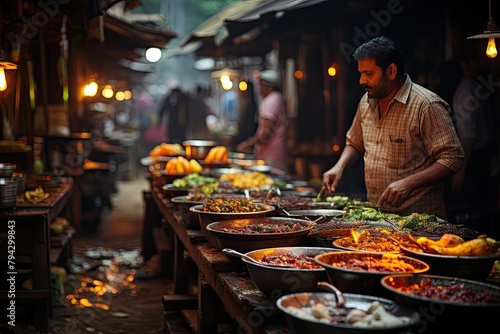 Local market agitated with street food., generative IA photo