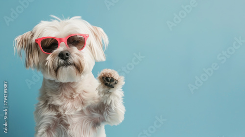 White dog wearing pink sunglasses on blue background