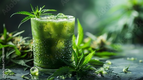 A cannabis cocktail with ice cubes and ingredients infused with cannabis extracts. Cannabis cocktail with an earthy flavor and relaxing sensation.